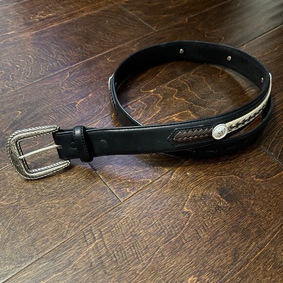 Tony Lama Mens Black Leather Western Buckle Belt Engraved Adjustable Sz 34 main image 5